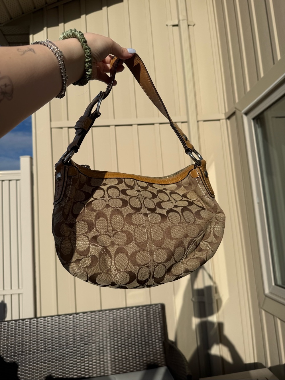 COACH Y2K Signature Hobo Shoulder Bag Khaki Canvas Leather Purse